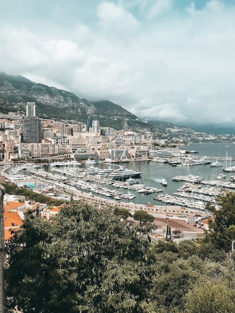 Scenic view of Monaco's harbor with yachts and city buildings against a cloudy sky.