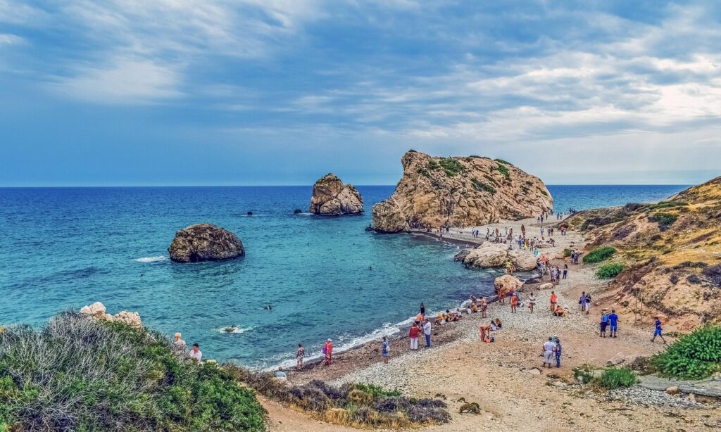 aphrodite's rock, beach, cyprus, paphos, landscape, scenery, coast, sea, nature, petra tou romiou, tourist attraction