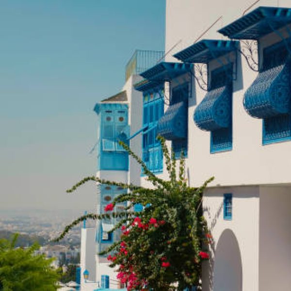 Traditional Sidi Bou Said houses. City architecture blue and white. Colorful streets Tunis. Holiday destination. Sights of Tunis. Balcony and windows with protective grates of house.